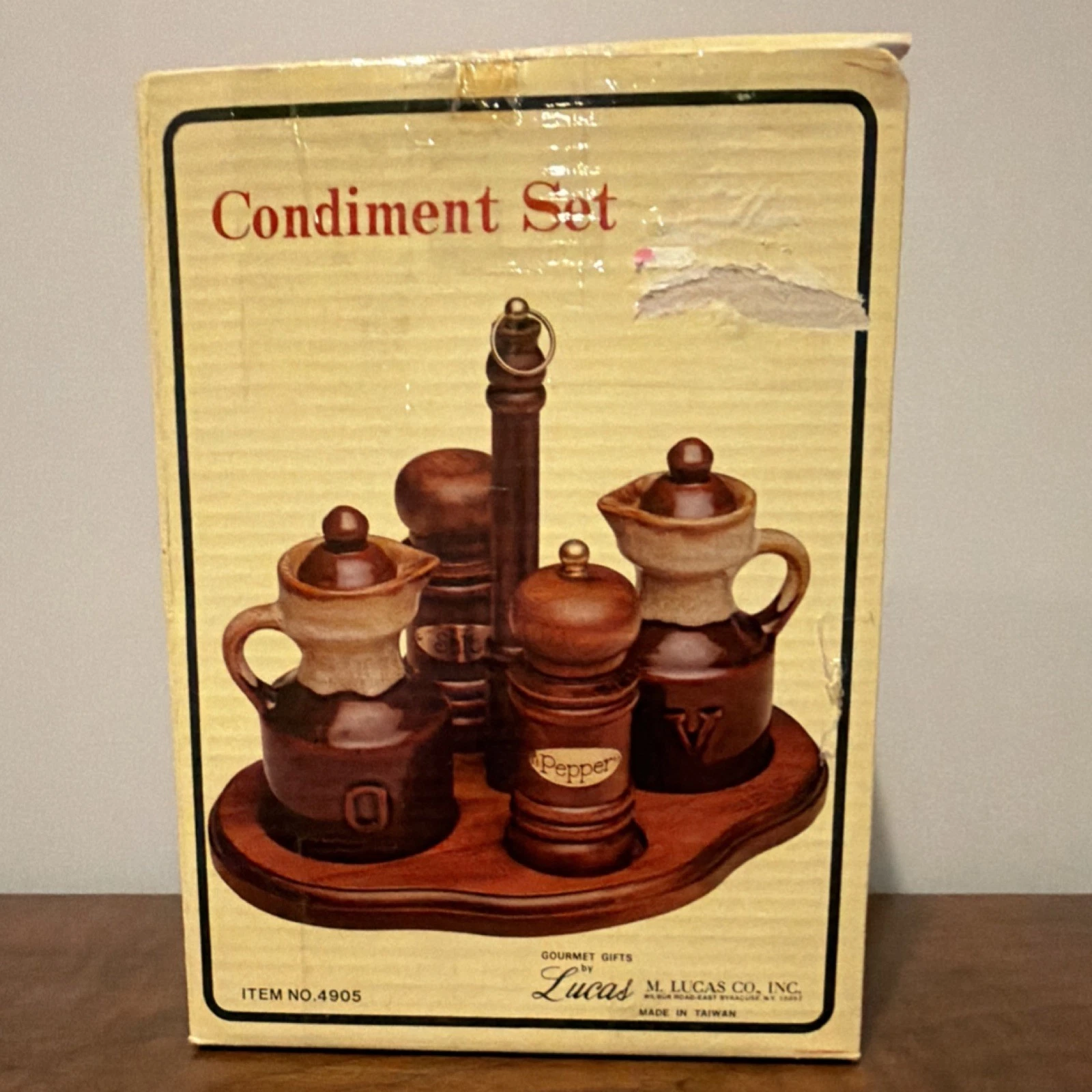 Lucas Condiment Set 4905 Wood Stand Salt Shaker Pepper Mill Oil & Vinegar 1970s