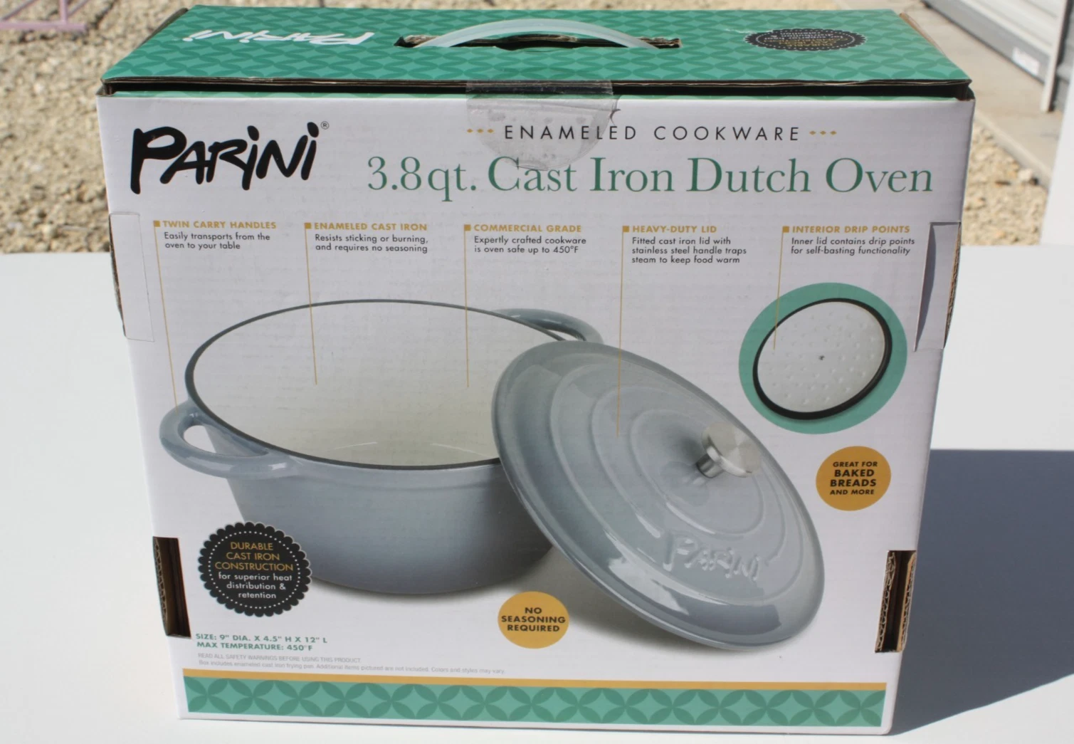 NEW Parini 3.8 Qt. Cast Iron Dutch Oven Enameled Cookware w/ lid, Slate Gray
