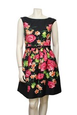Eliza J Black Pink Floral Woven Cotton Stretch Belted Sleeveless Dress Size 4
