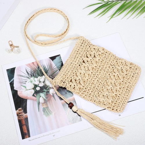 Set of 1 Tassel Crossbody Straw Bag Shell Keychain Hanging Vacation - Picture 8 of 11