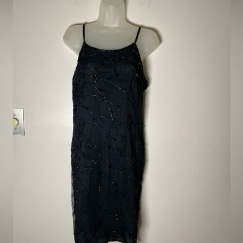 Silk Chiffon Beaded Vintage Black formal dress lined, Petites L - Picture 3 of 7