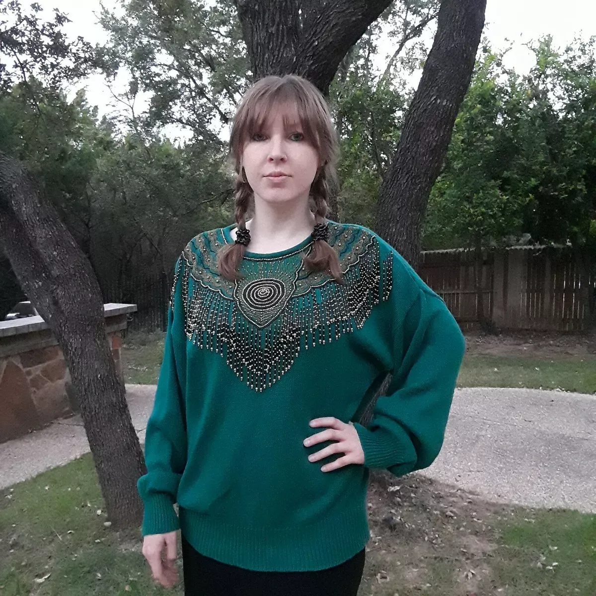 Maurada Vintage Holiday Sweater Green Black Gold Bead XL Knit