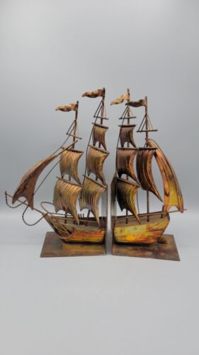 Vintage Metal Copper Finish Nautical Sailing Clipper Ship Book Ends - Hong Kong - Afbeelding 1 van 12