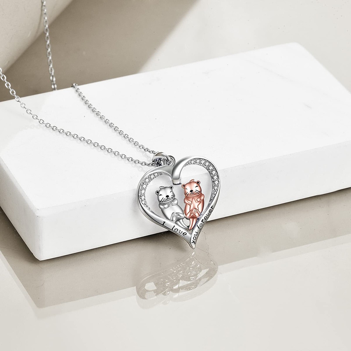 YAFEINI Otter Necklace Sterling Silver Sea Otters Heart Pendant