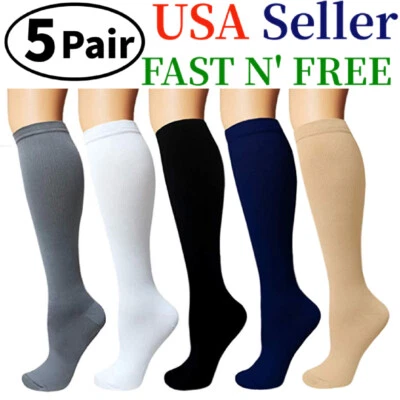 (5 Pairs)15-20mmHg Graduated Compression Support Socks Knee High Men Women S-XXL - Image 1 of 4