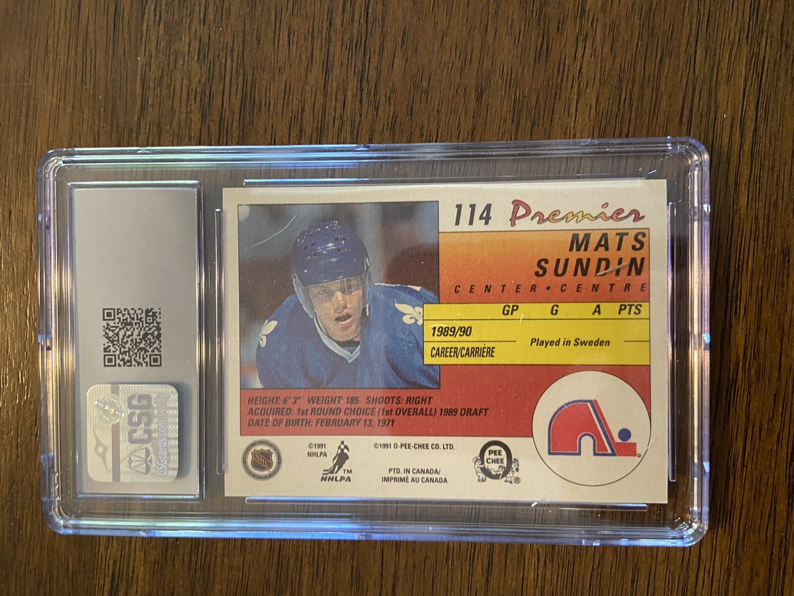 199091 OPeeChee Premier Mats Sundin Rookie Card 114 CSG 10 NHL