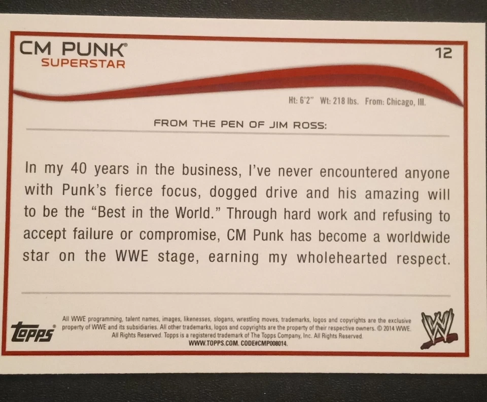 2014 Topps WWE - #12 CM Punk - Image 2 of 2