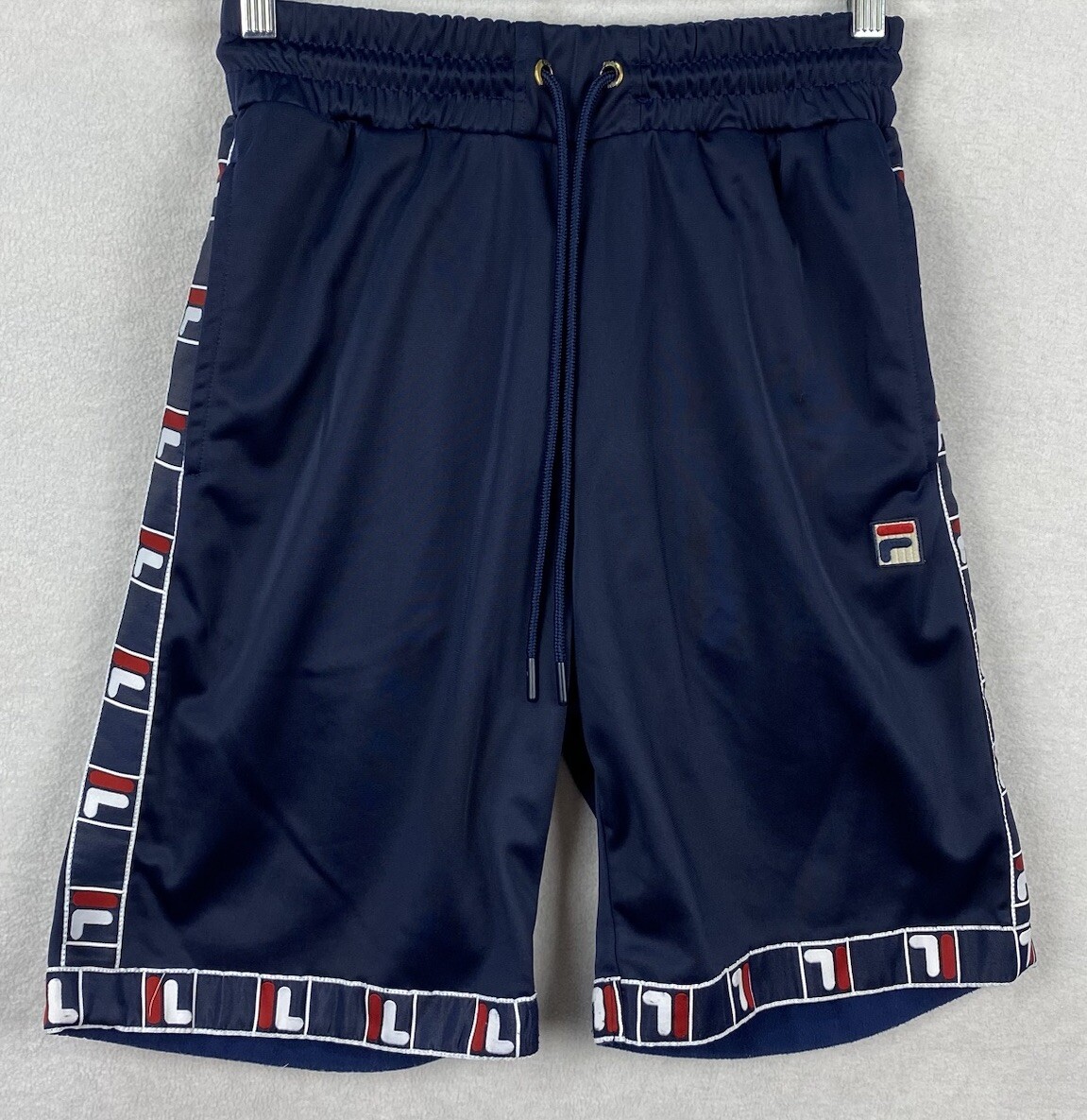 Pantaloncini da basket da uomo blu FILA LOGO rifiniti sportivi piccoli 20"" lunghi 9"" inserto