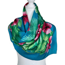 FLORAL BLUE HAND ROLLED SQUARE Silk Scarf 30/31 Inches Romantic Boho Multicolor