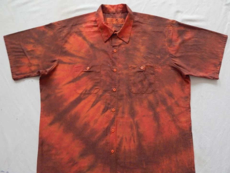 Tie Dye Orange Black Spiral Short Sleeve Button Up Shirt - 2XL Mens Hand Made XX - Image 3 of 4