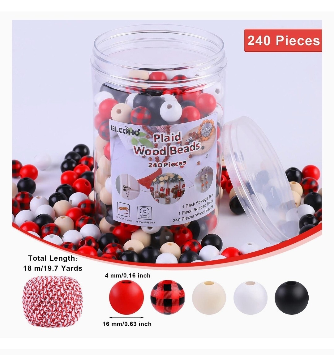 New! 240 Wood Beads String Buffalo Plaid Craft Kit Garlands Tags Christmas Gift