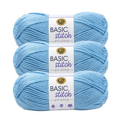 (3 Pack) Lion Brand Yarn 202-106A Basic Stitch Anti Pilling Yarn, Baby Blue