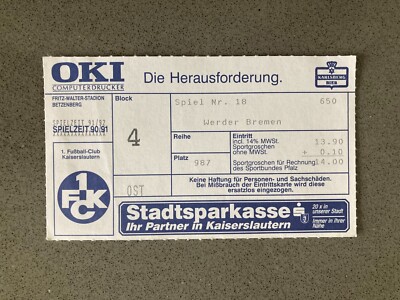 Kaiserslautern v Werder Bremen 1991-92 Match Ticket