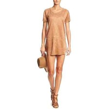 Olivaceous Camel Tan Faux Suede Short Sleeve T-Shirt Dress Sz S Gift Relaxed Fit