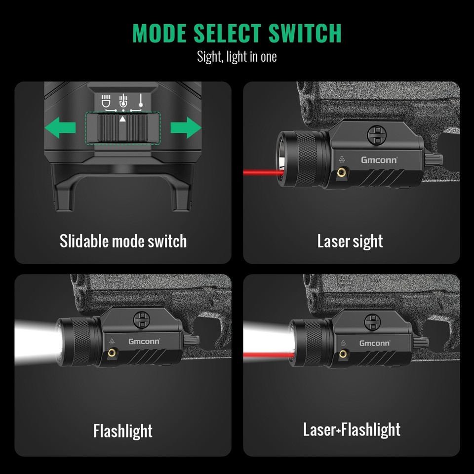 GOPLANT 1300 Lumens Compact Rail-Mounted Handgun Light With Green Laser - Rechargeable Tactical Flashlight For Pistols, Type-C USB