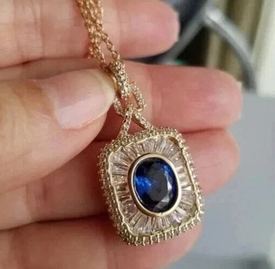 5,1 kt Ovalschliff Lab Created Saphir Damen Kette Anhänger 14k Gelbgold Finish