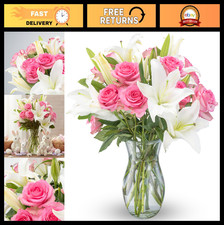 Stunning Oriental Lily Pink Roses Bouquet - Fresh Flowers in Vase - Romantic G
