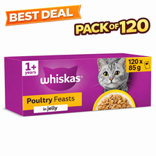 120 x 85g Whiskas 1+ Poultry Feasts Mixed Adult Wet Cat Food Pouches in Jelly 4.02 per kilo
