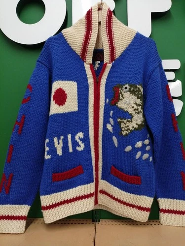 EVISU Black Bass Lure Pattern Cowichan Sweater Size 40 Vintage Knit video thumbnail