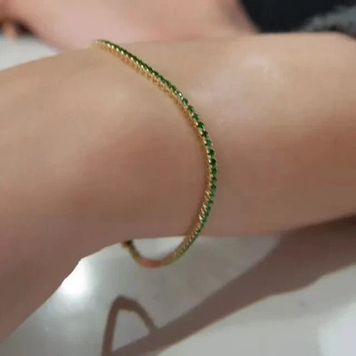 6Ct 3mm Round Lab Created Emerald Women's Tennis Bracelet 14K Yellow Gold Plated