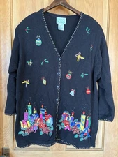 Vtg The Quacker Factory Black Presents Candles Beaded Christmas Sweater  1X