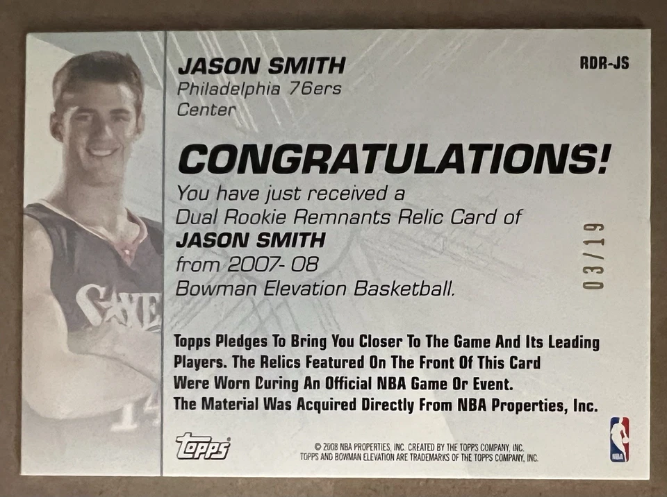 2008 Bowman Elevation Rookie Remnants Jason Smith RDR-JS /19 Jersey Relic RC - Imagem 2 de 2