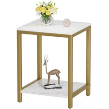 White Faux Marble End Tables 13.3''D Small Side Table with Storage Wood Night...