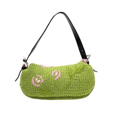 FENDI Vintage FF Mamma Baguette Crochet Shoulder Bag Flower Green