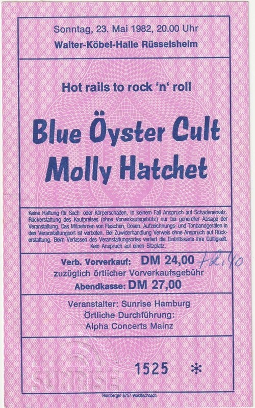 Vintage 1982 Blue Oyster Cult Molly Hatchet UNUSED Ticket Germany Tour Canceled