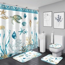 Nkzply 4 Pcs Blue Beach Shower Curtain Set Nautical Sea Turtle Bathroom Sets