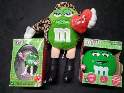 Green M&M's Candy Christmas Holiday Ornament lot Kurt Adler Musical Plush toy