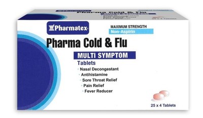 Pharma Cold and Flu 25 Sachets (100 Tablets) Pain Fever & Sore Throat Relief