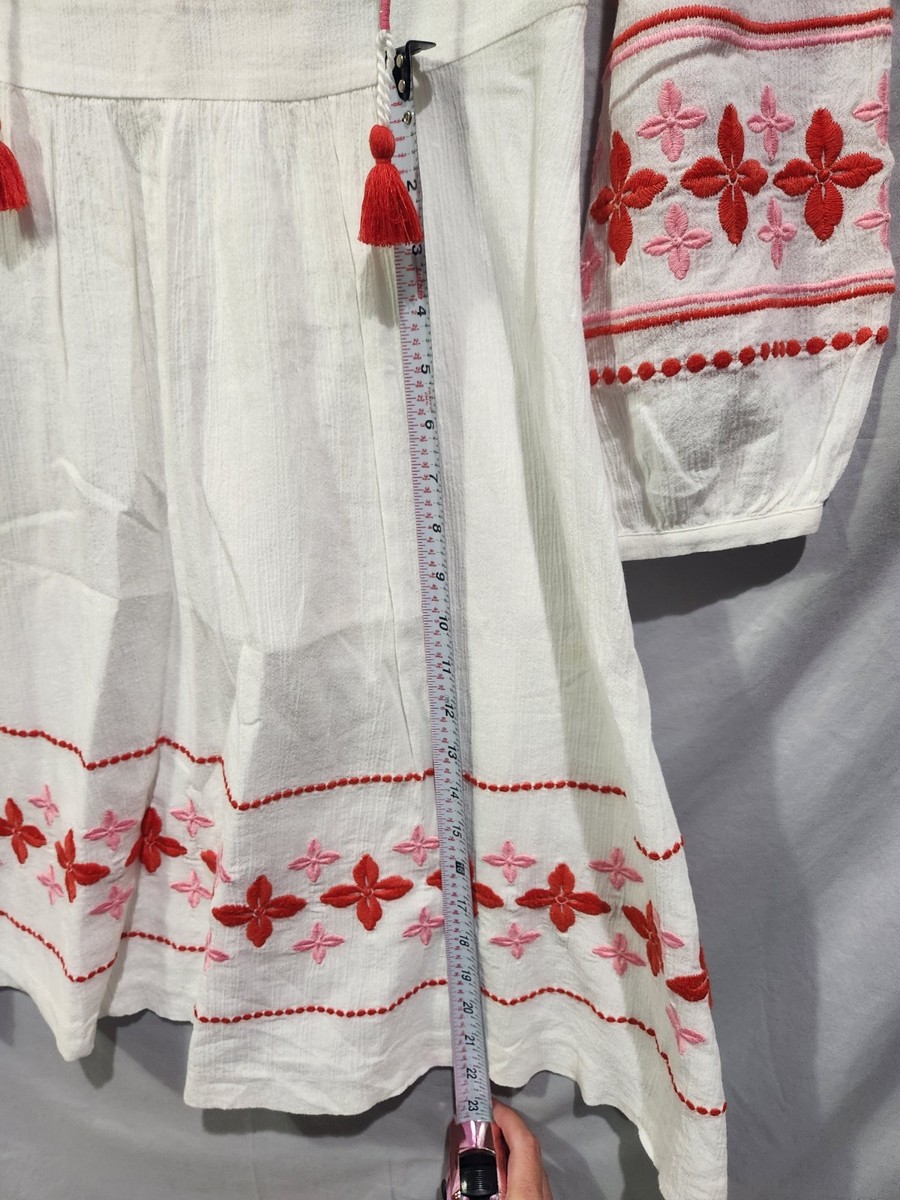 BODEN Marla Embroidered Dress 8P White Gauze Midi Boho Tassels Zip Beach  Chic | eBay