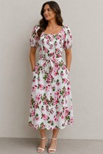 Mlle Gabrielle Womens floral cotton short sleeve boat neck midi Dress w pockets