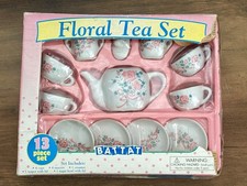 NIB VINTAGE 1998 Battat FLORAL TEA SET Play White Pink Rose Porcelain 13 pc NEW