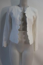 Central Park West Item-3 White Linen Blend Open Scallop Trim Blazer Jacket XS