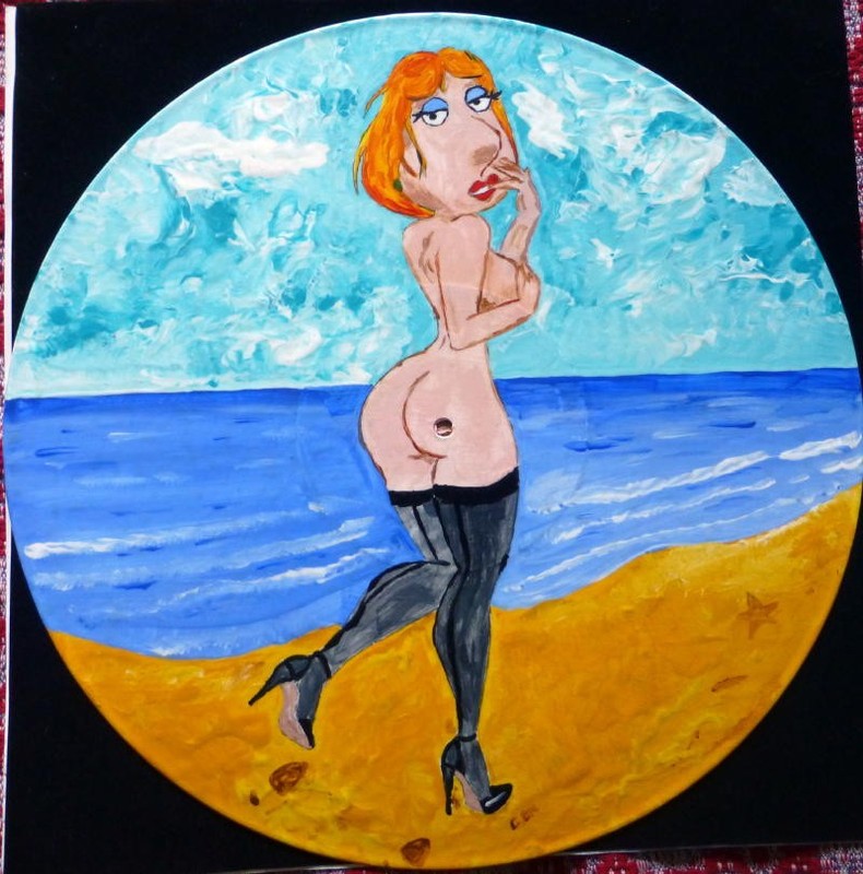 Acrylic Painting on 12 inch record. Lois on the Beach