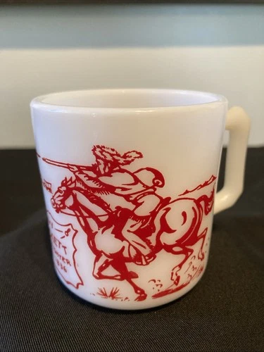 Vintage Hazel Atlas Davy Crockett Indian Fighter Milk Glass Coffee Cup Mug