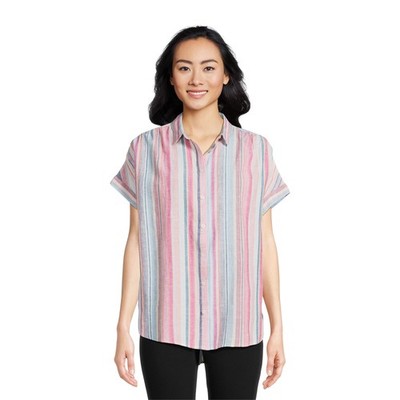 Time and Tru Women's Roll Cuff Shirt Size XL  Coral Bell Stripe --ZN1--
