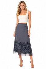 Vtg Boho Embroidered Midi Skirt 8 Blue Sheer Hem Romantic Fairy Cotton