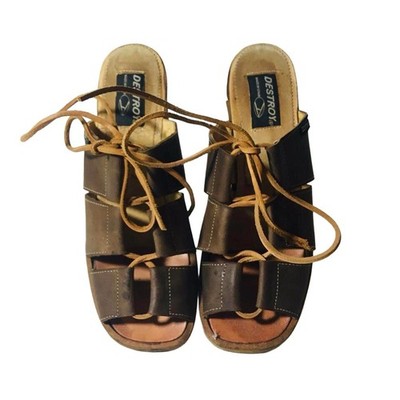 Vintage Destroy Mule Sandals Brown Leather Block Heel Sz 39 40 Made In Spain Y2K