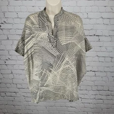 Josie Natori Beige Black 100% Silk Boxy Oversized Short Sleeve Top Blouse XS