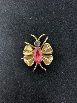 French Gold Filled Insect Brooch by LINC   Pink Glass Cabochon   Vintage 1960s