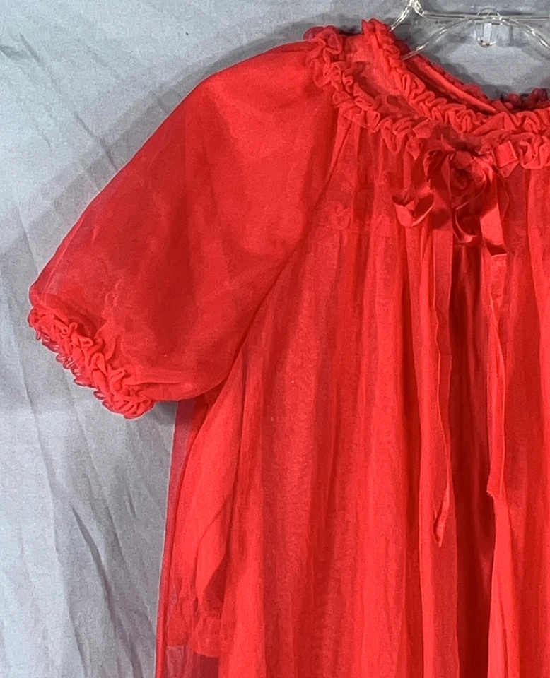 JUEGO DE CAMISÓN Y BATA DE COLECCIÓN SHIREY LINGERIE Rojo Gasa Nylon Tricot Borde con Volantes 3T Foto 2 de 4