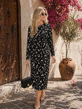 MANGO Dress S Black White Floral A-Line Crew Neck Long Sleeve Midi Pullover