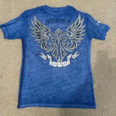 Y2K Affliction Shirt Mens Large Blue Live Fast Wings Graphic Burnout Made In USA