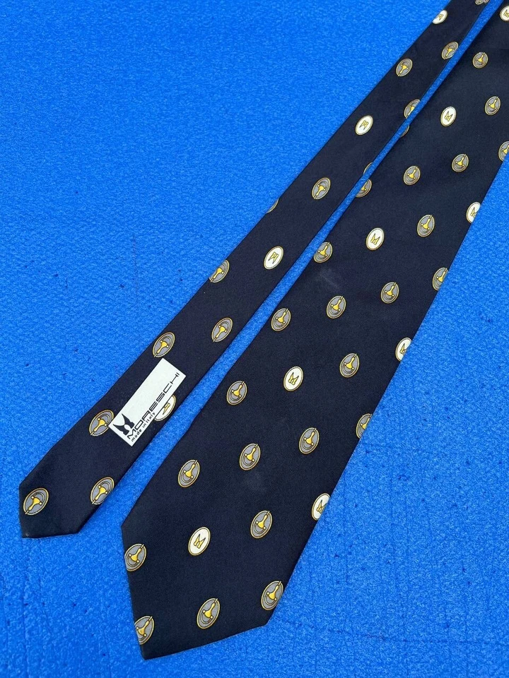 Auténtica corbata delgada 100 % seda negra con diseño de logotipo circular con insignia MORESCHI Foto 3 de 4