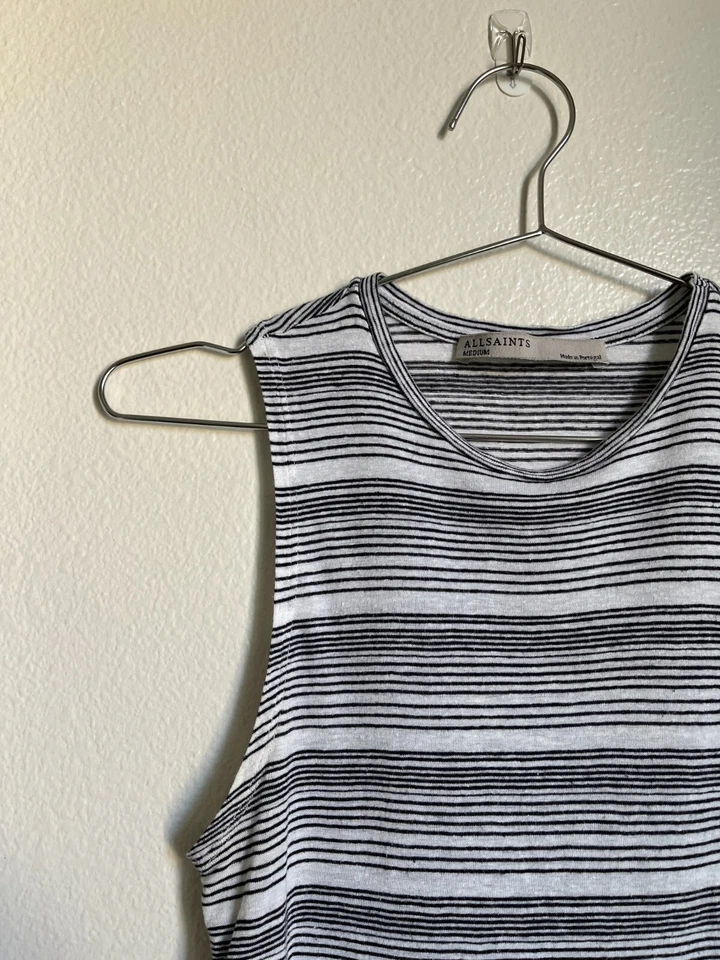 Camiseta sin mangas AllSaints para mujer mezcla de lino Eli a rayas en blanco/negro talla MEDIANA Foto 2 de 4