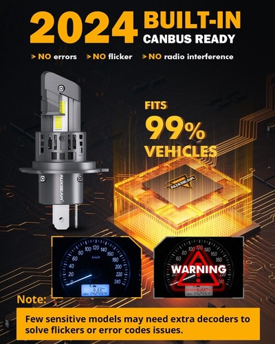 AUXBEAM Q25 Canbus H4 9003 LED Headlight Bulbs High Low Beam Super Bright 6500K - Picture 9 of 12