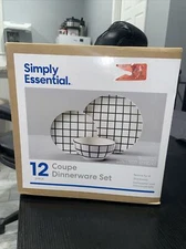 Black And White Grid Stoneware Dinnerware Set, 12-Piece Set